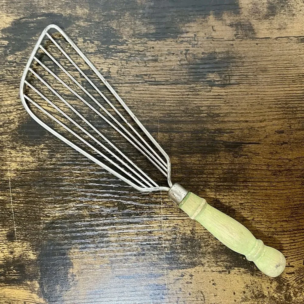 Vintage Farmhouse Kitchen Utensil Green Wooden Handle Whisk Turner